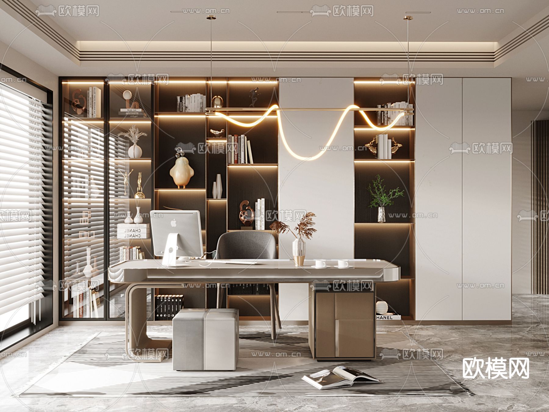 现代书房su模型下载（渲染图1）