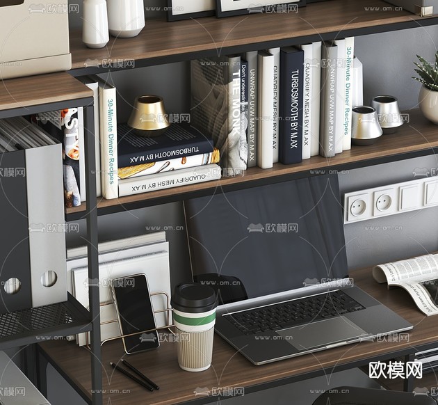 工业风书桌 书架3d模型下载(渲染图2)