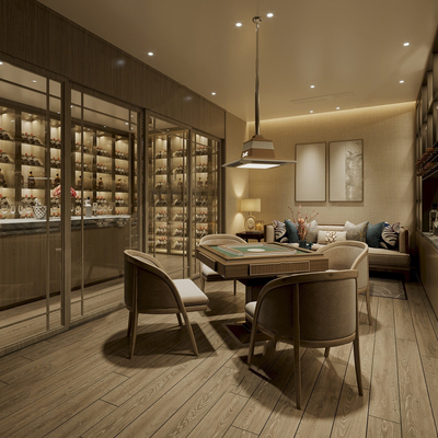  新中式品酒室 酒窖 棋牌室su模型 