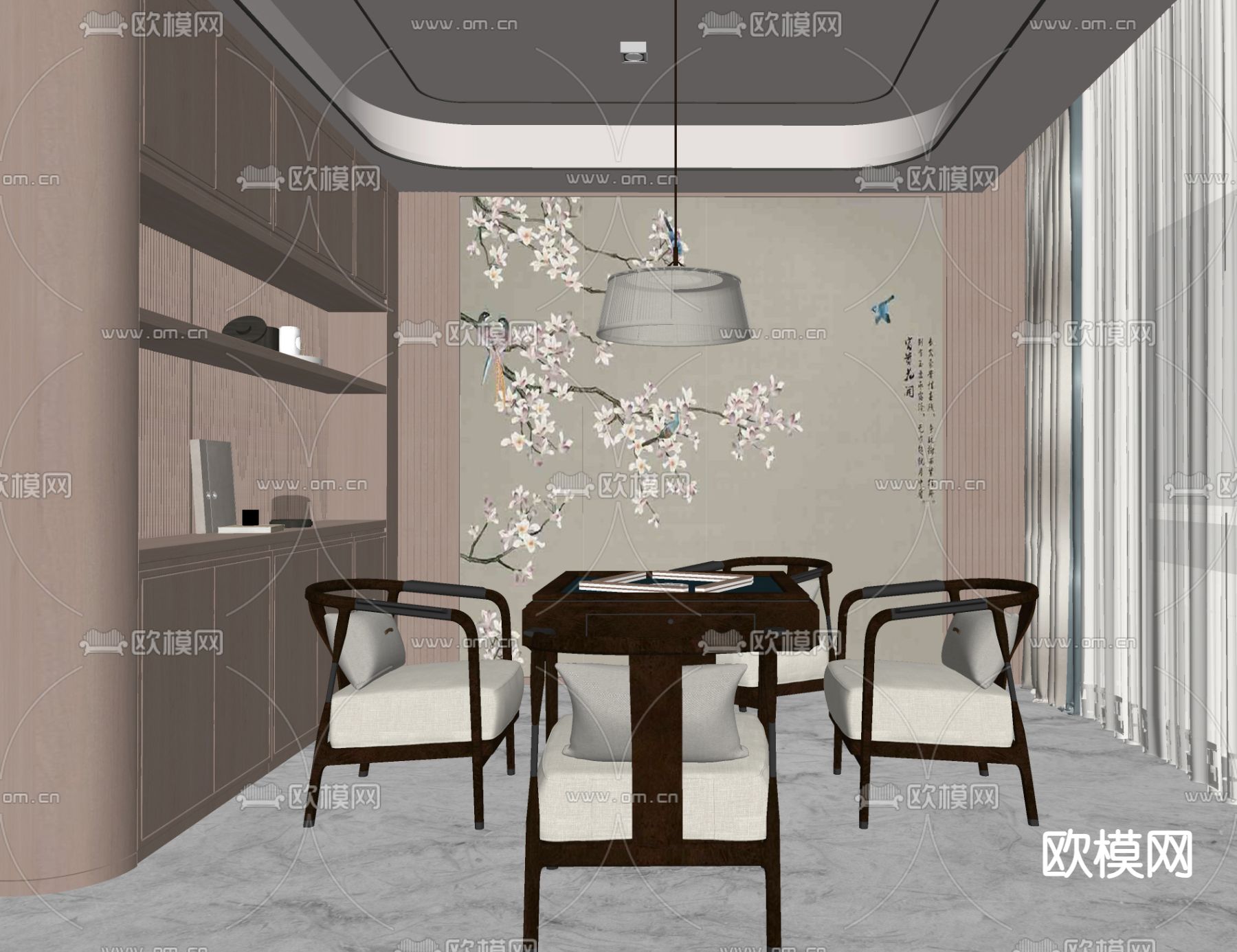 新中式棋牌室su模型下载（渲染图2）