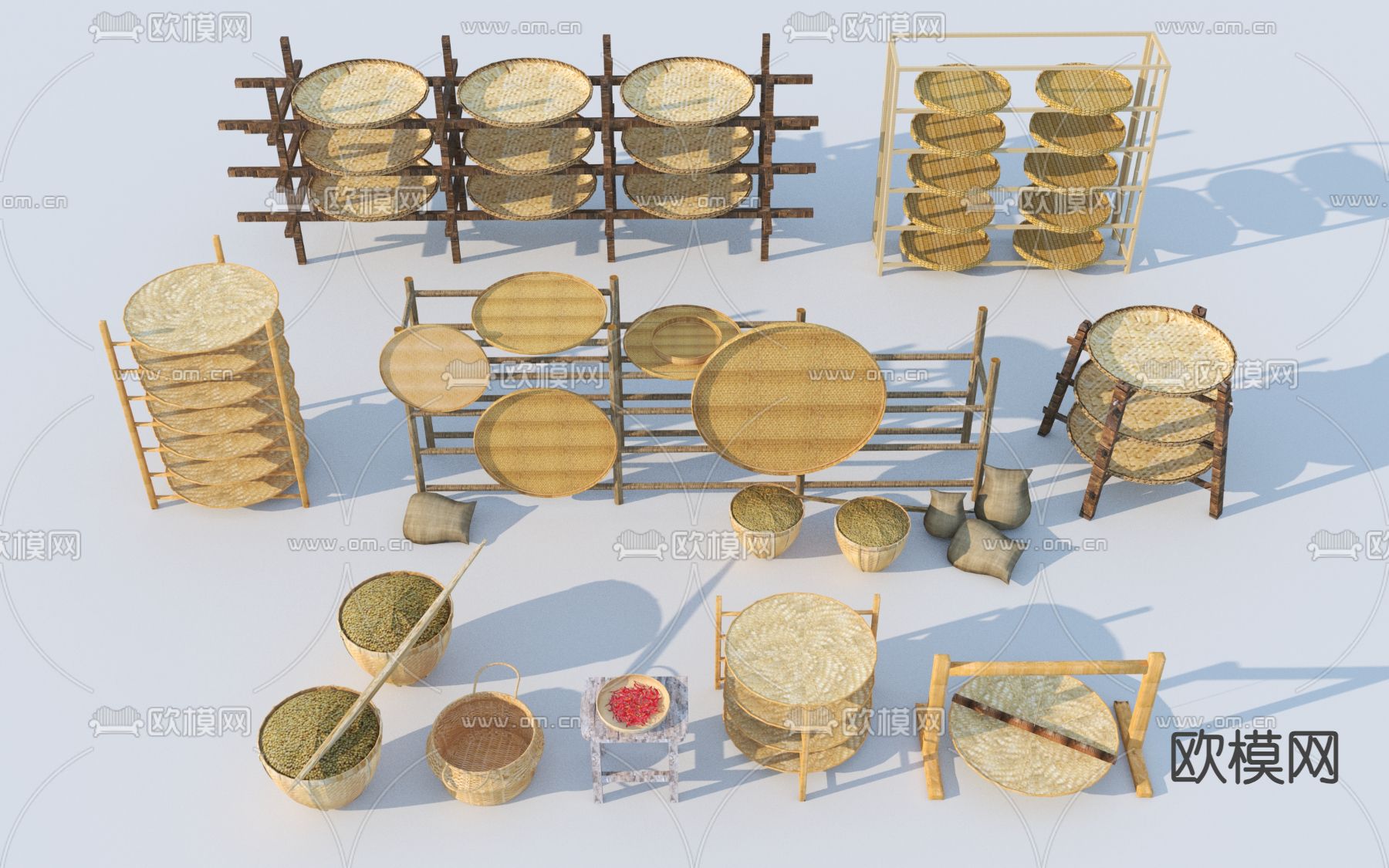 中式小品 竹编箩筐 竹篓3d模型下载_ID14145568_3dmax免费模型-欧模网