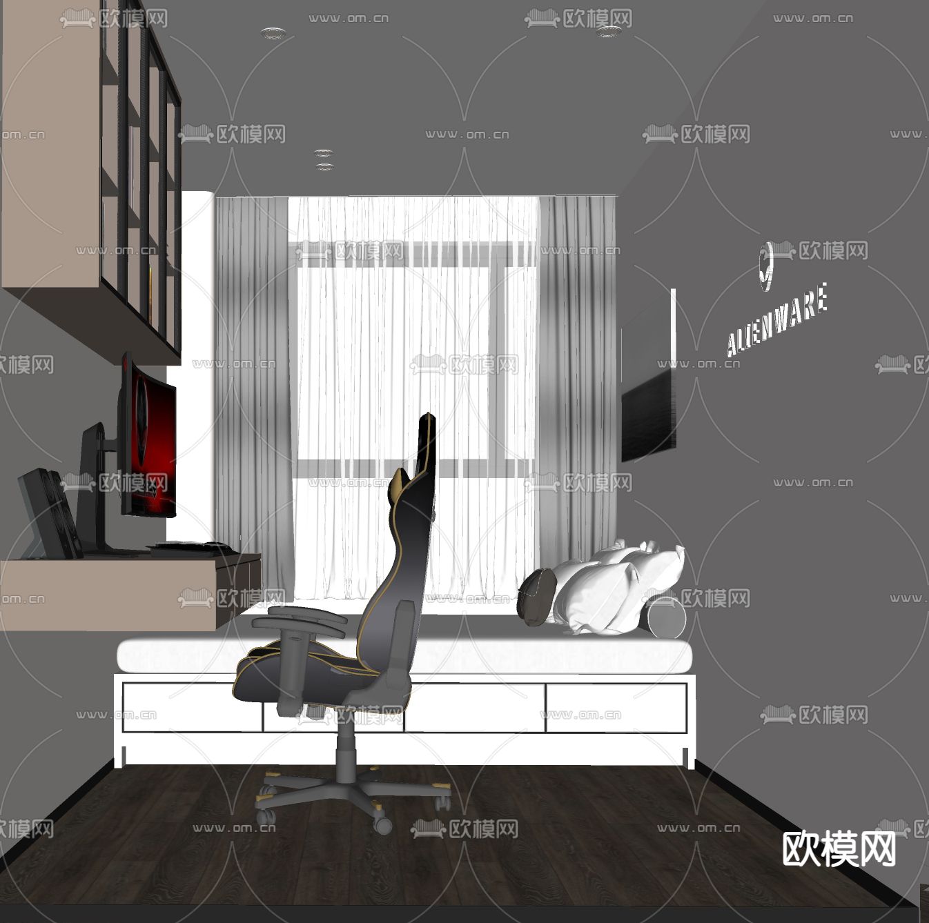 现代榻榻米卧室su模型下载（渲染图2）