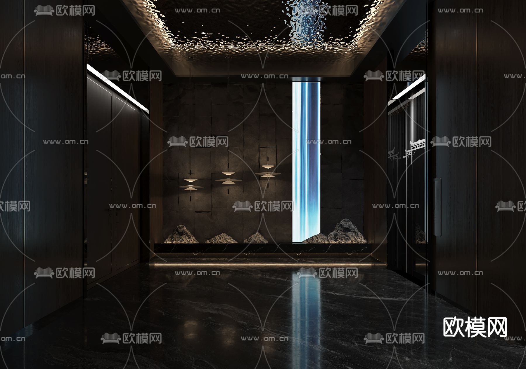 新中式会所电梯厅su模型下载（渲染图1）