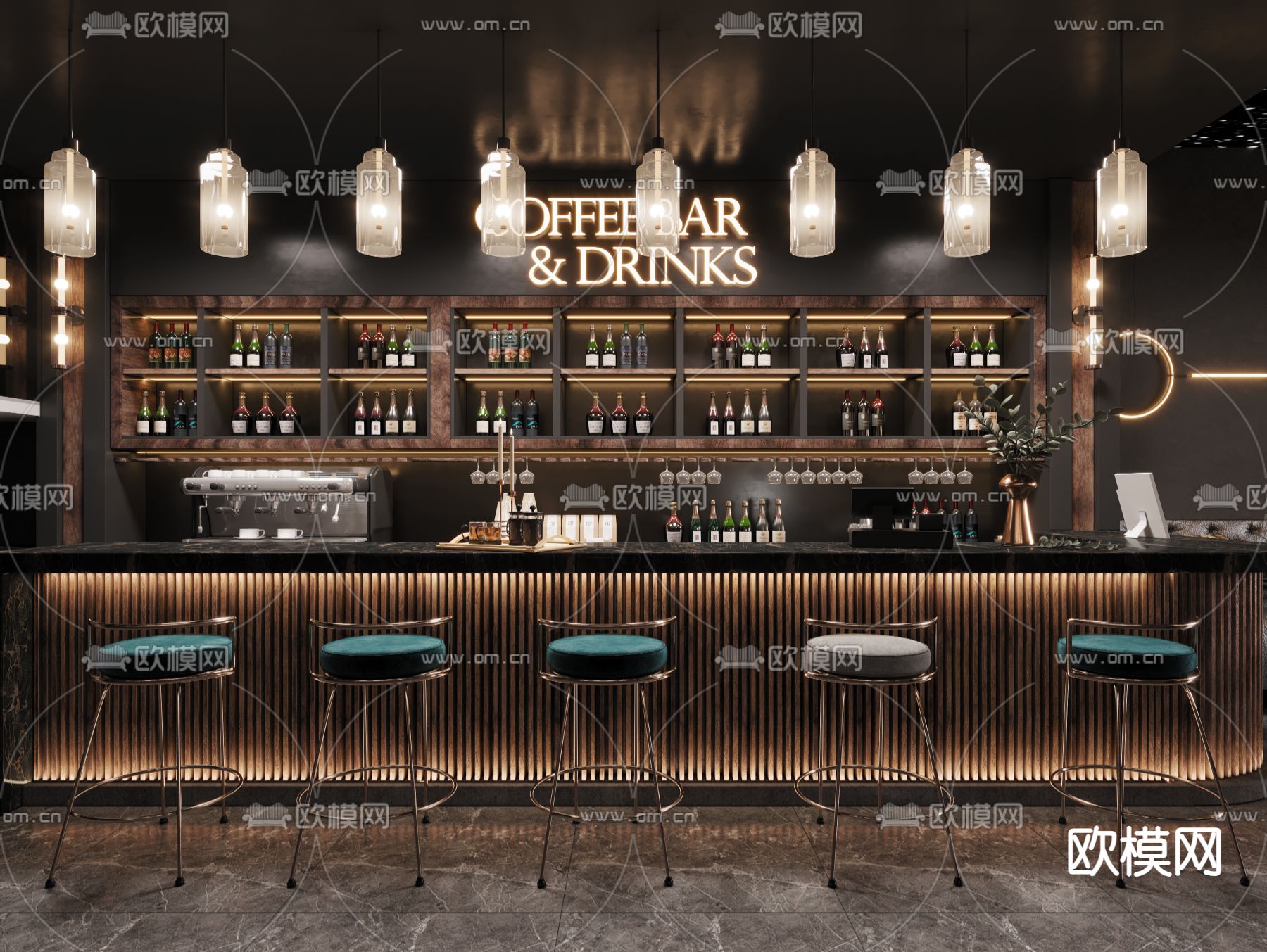 轻奢风酒吧 吧台3d模型下载（渲染图1）
