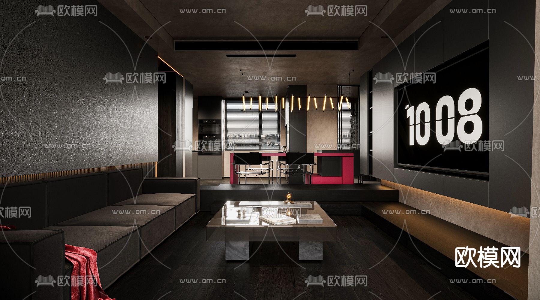暗黑风客厅 餐厅3d模型下载（渲染图1）
