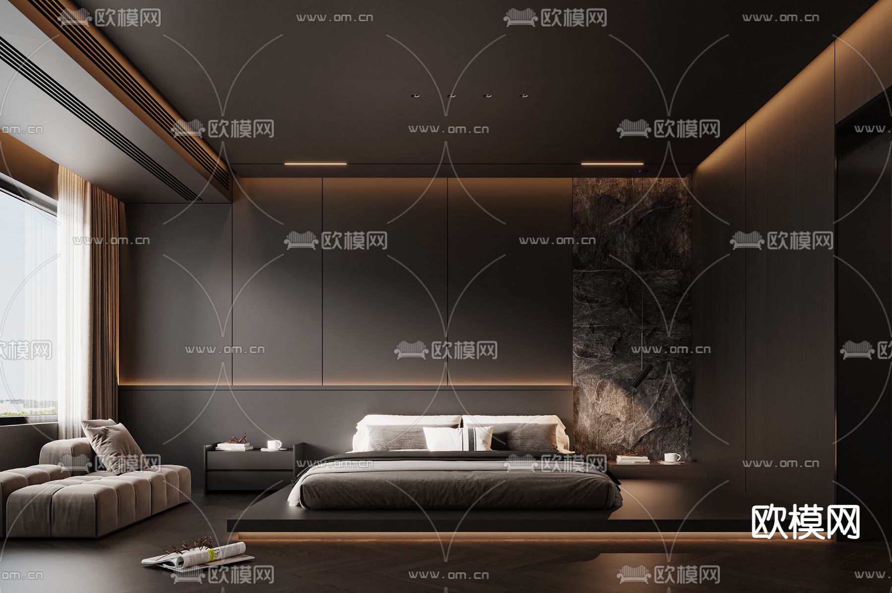 暗黑风卧室 主人房3d模型下载_ID14146335_3dmax免费模型-欧模网