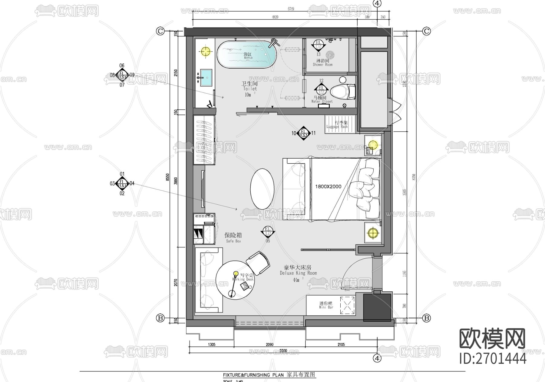 50㎡酒店大床房室内cad施工图下载（渲染图1）