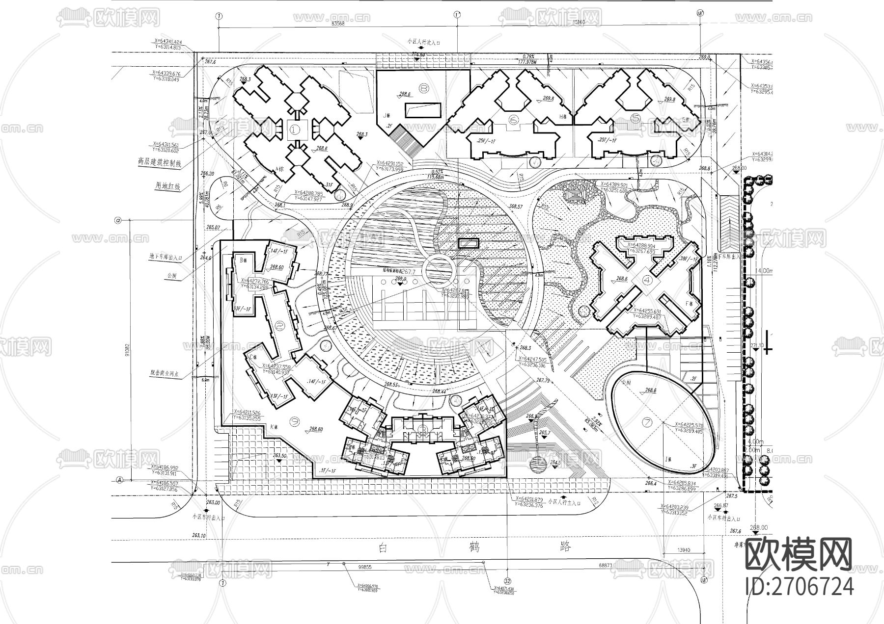 高层多层居住区规划cad施工图下载（渲染图2）