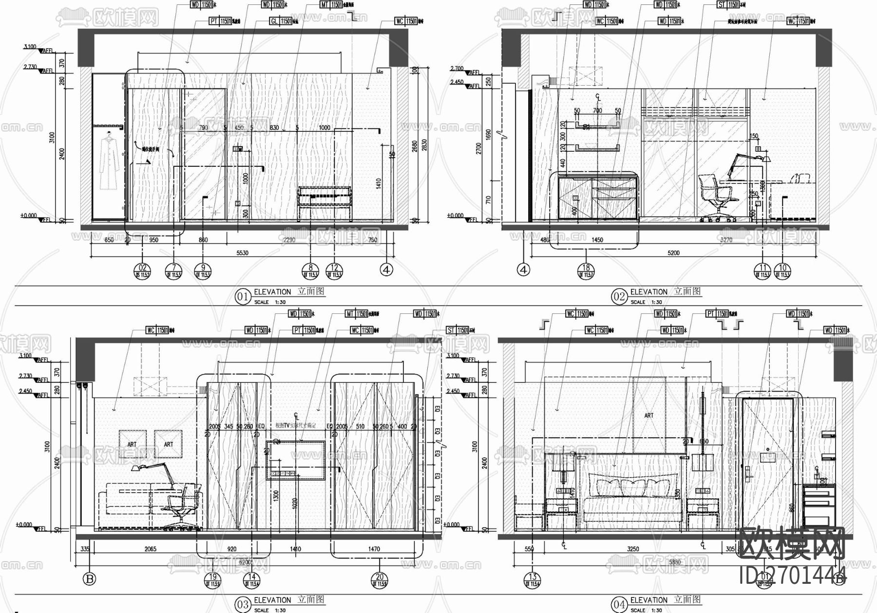 50㎡酒店大床房室内cad施工图下载（渲染图7）
