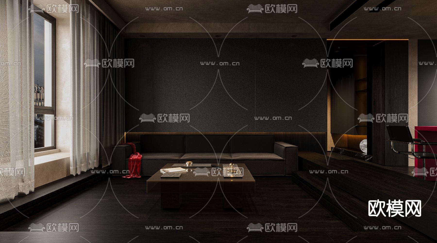 暗黑风客厅 餐厅3d模型下载（渲染图3）