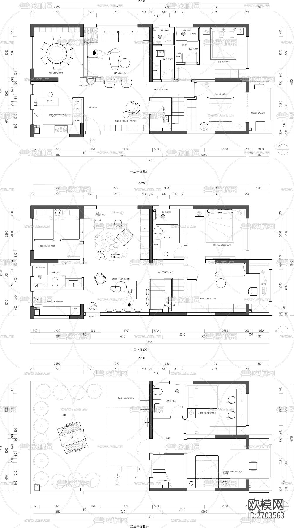 三层复式别墅设计cad施工图下载（渲染图2）