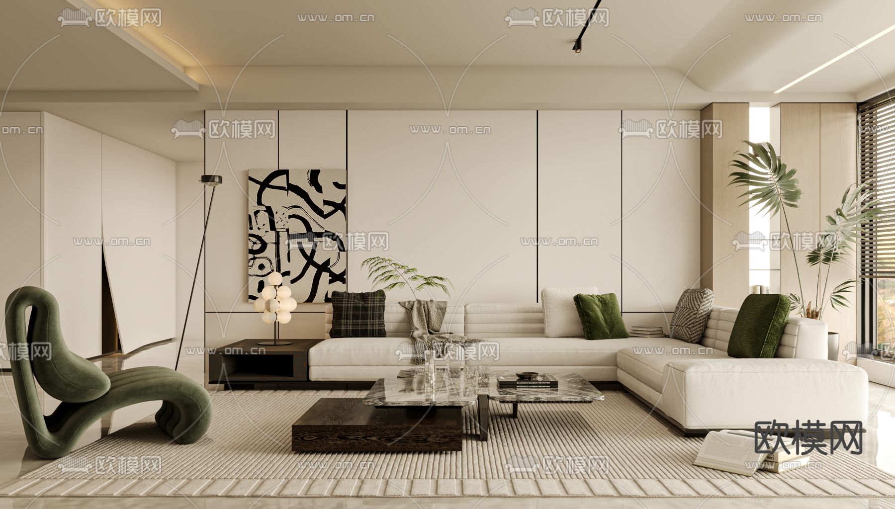 奶油风客厅3d模型下载（渲染图2）