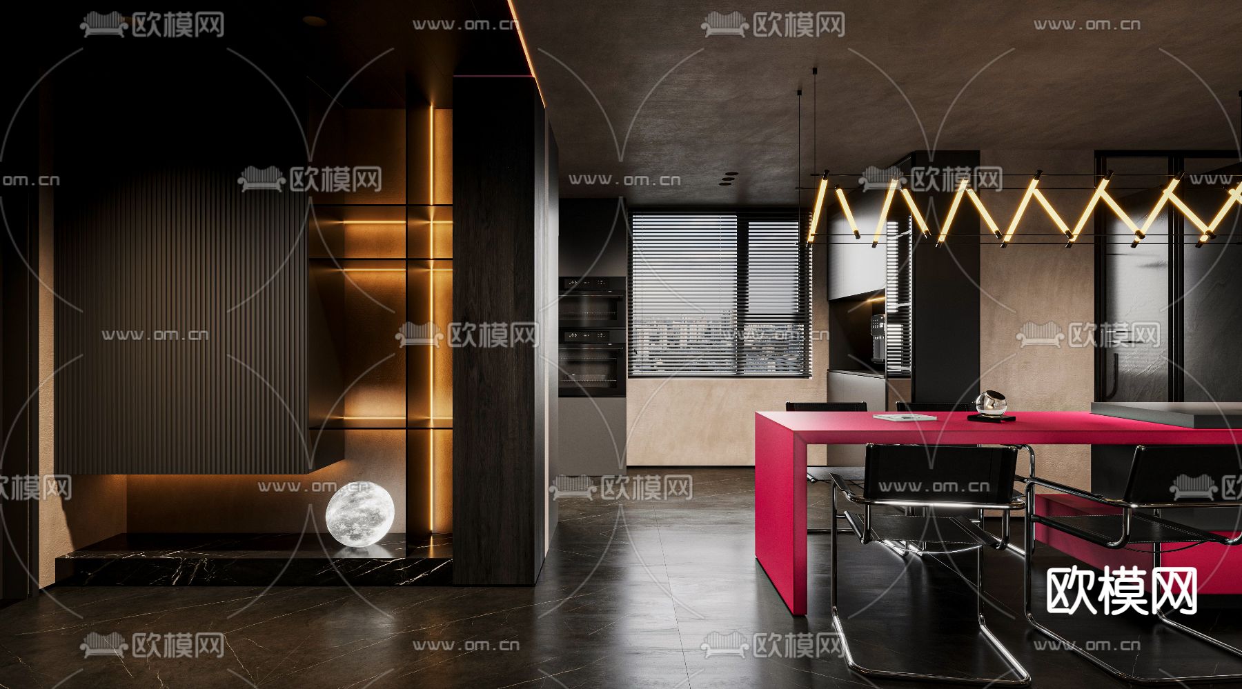 暗黑风客厅 餐厅3d模型下载（渲染图5）