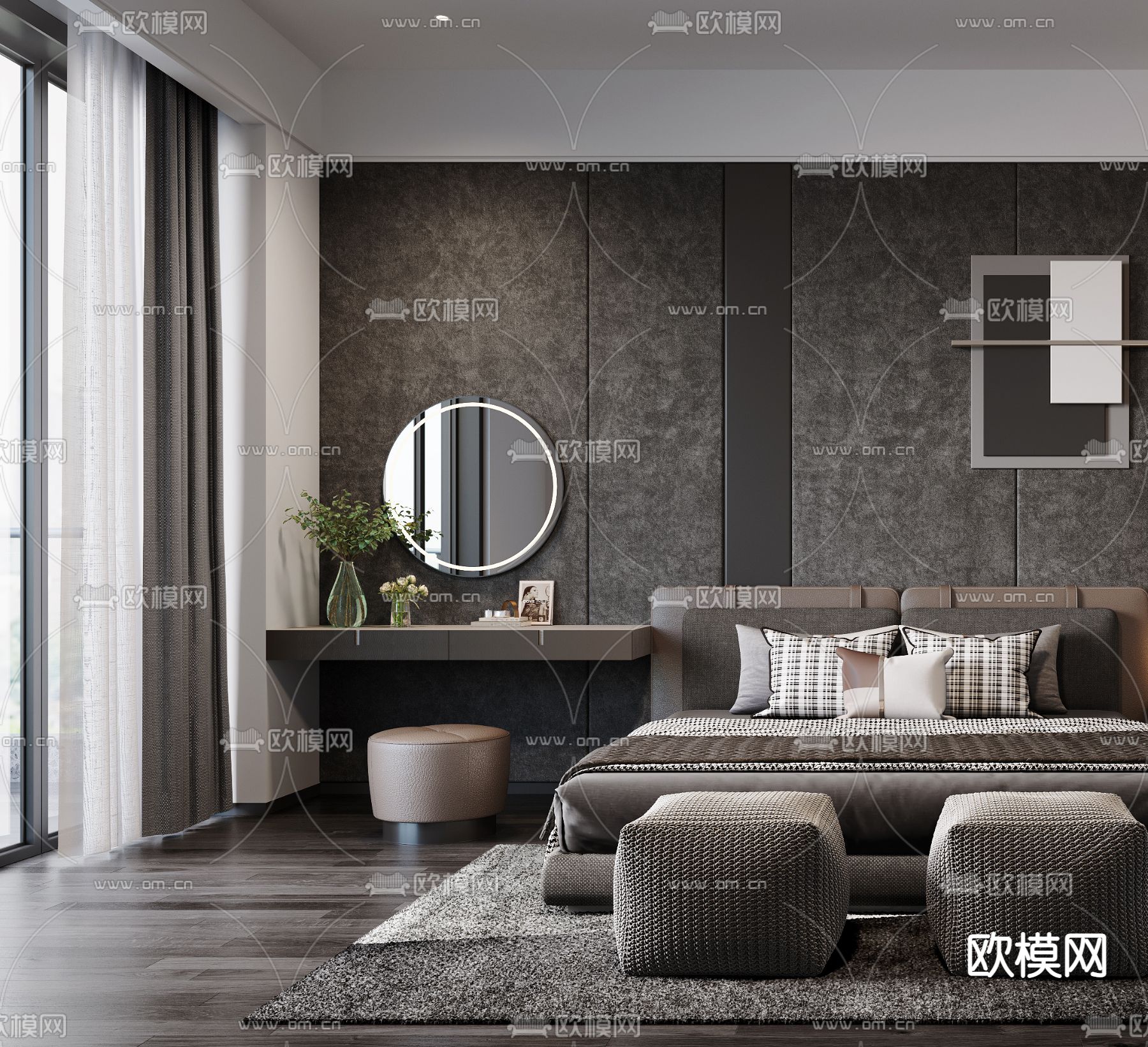 高级灰卧室主人房su模型下载（渲染图4）