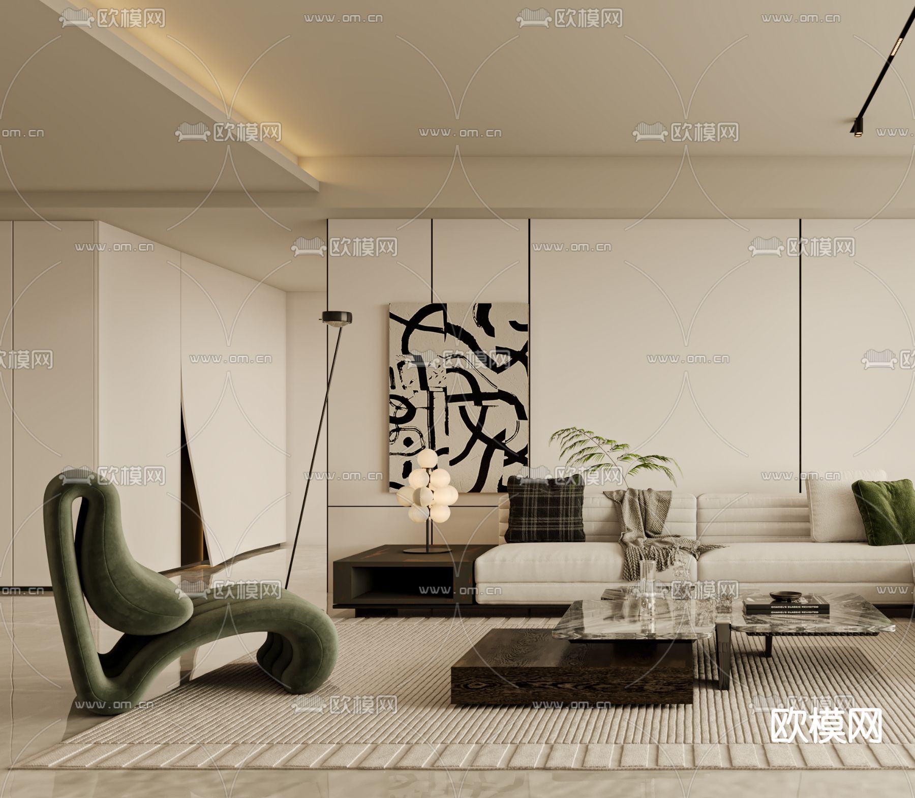 奶油风客厅3d模型下载（渲染图4）