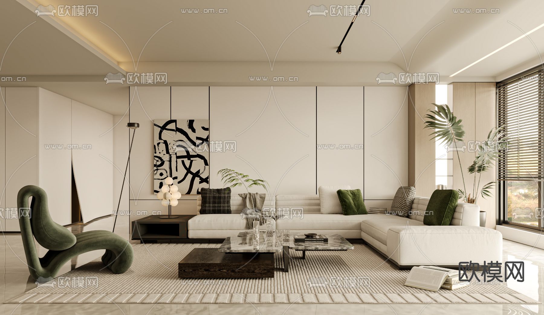 奶油风客厅3d模型下载（渲染图1）