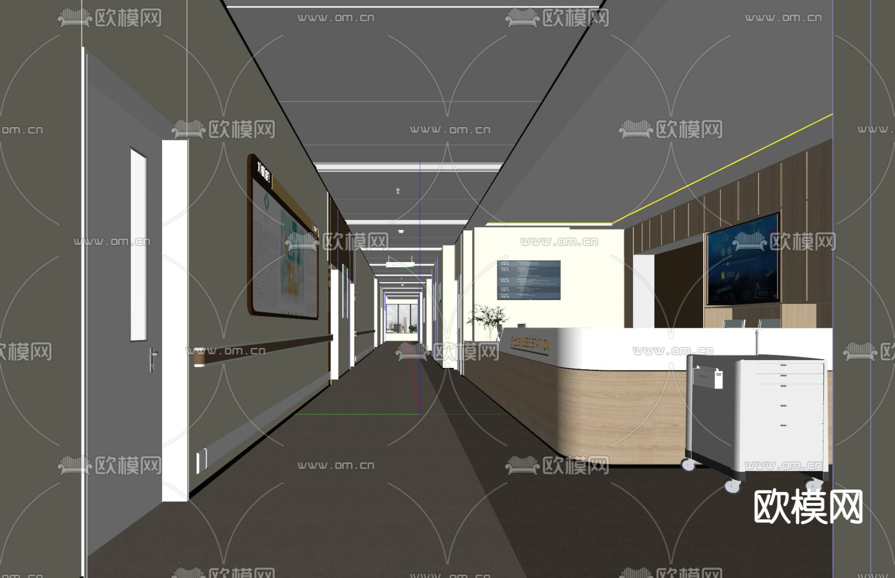 现代医院走廊护士站su模型下载（渲染图2）