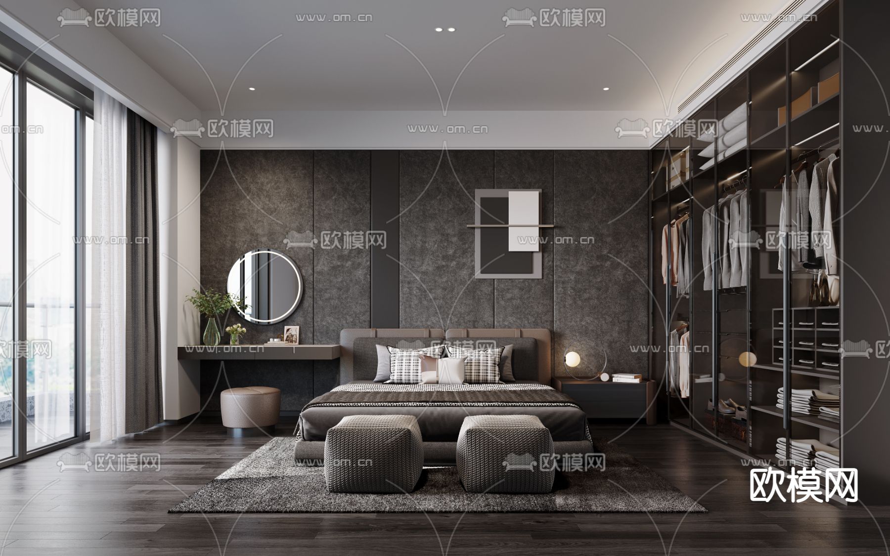 高级灰卧室主人房su模型下载（渲染图1）