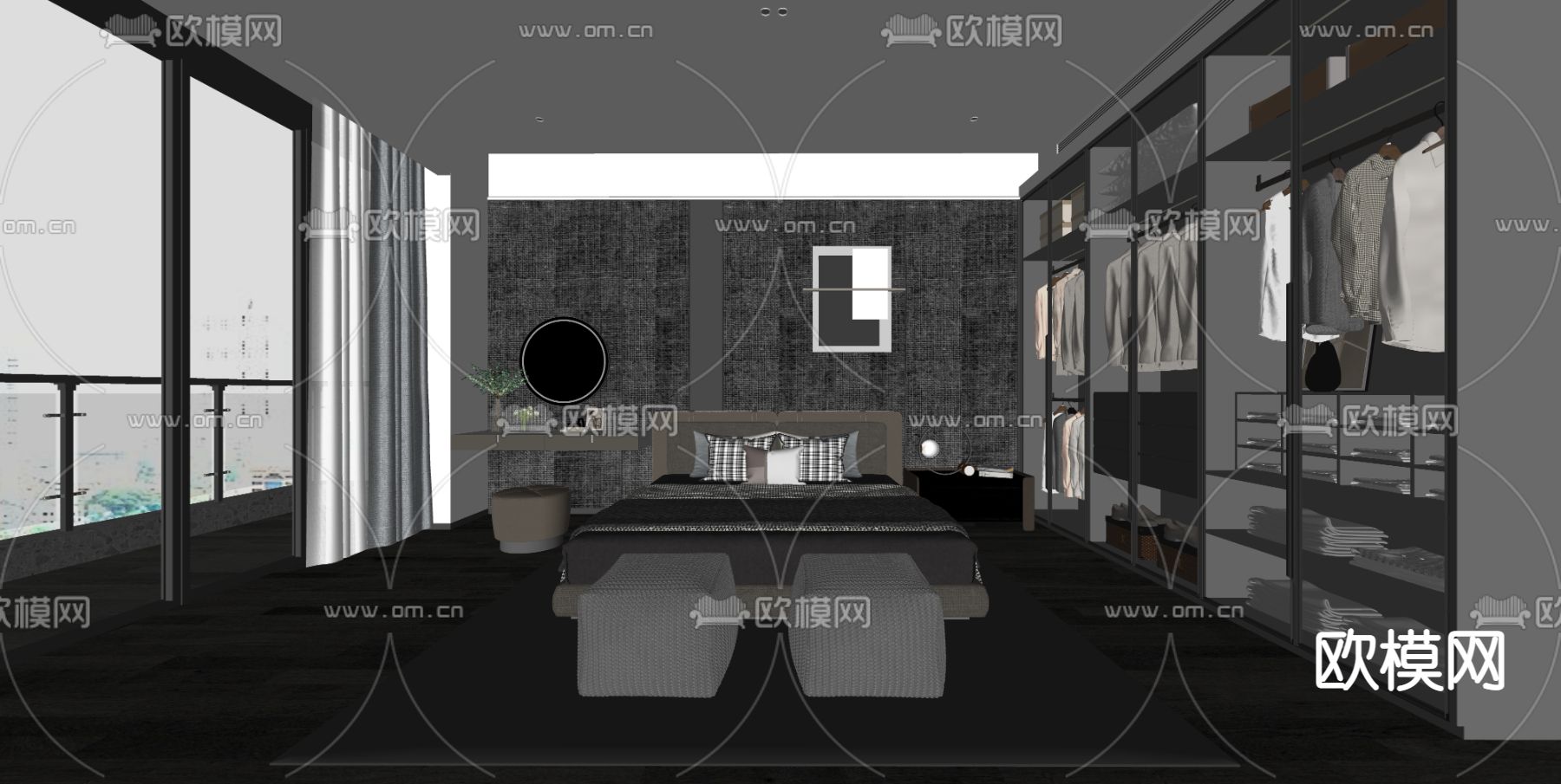 高级灰卧室主人房su模型下载（渲染图2）