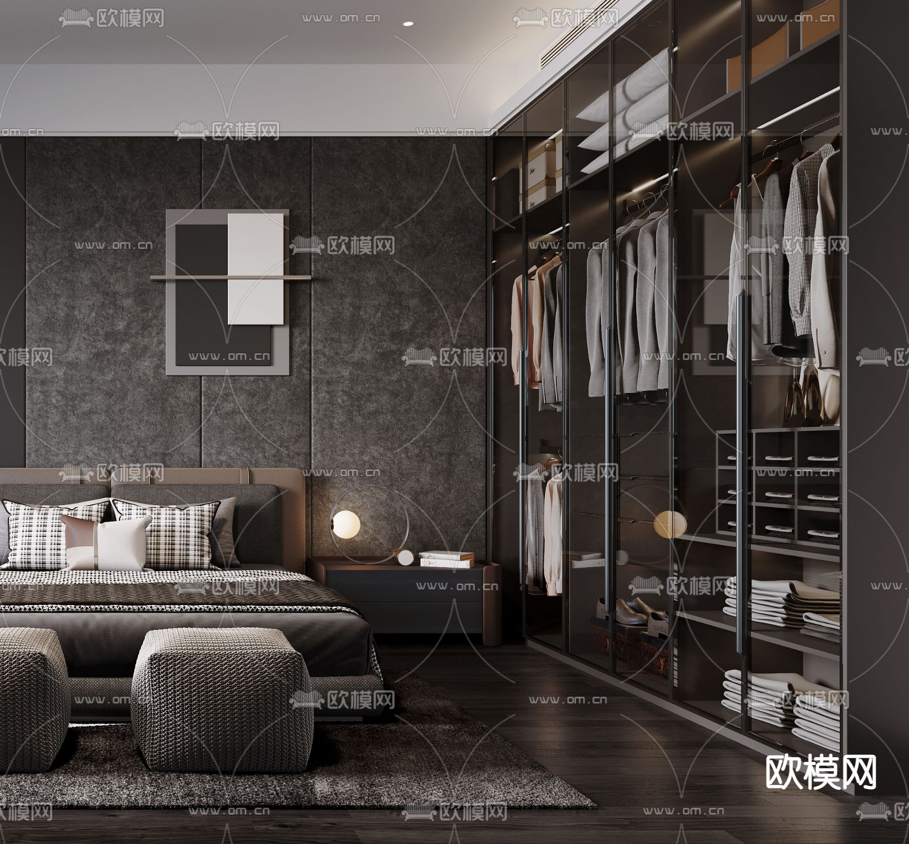 高级灰卧室主人房su模型下载（渲染图3）
