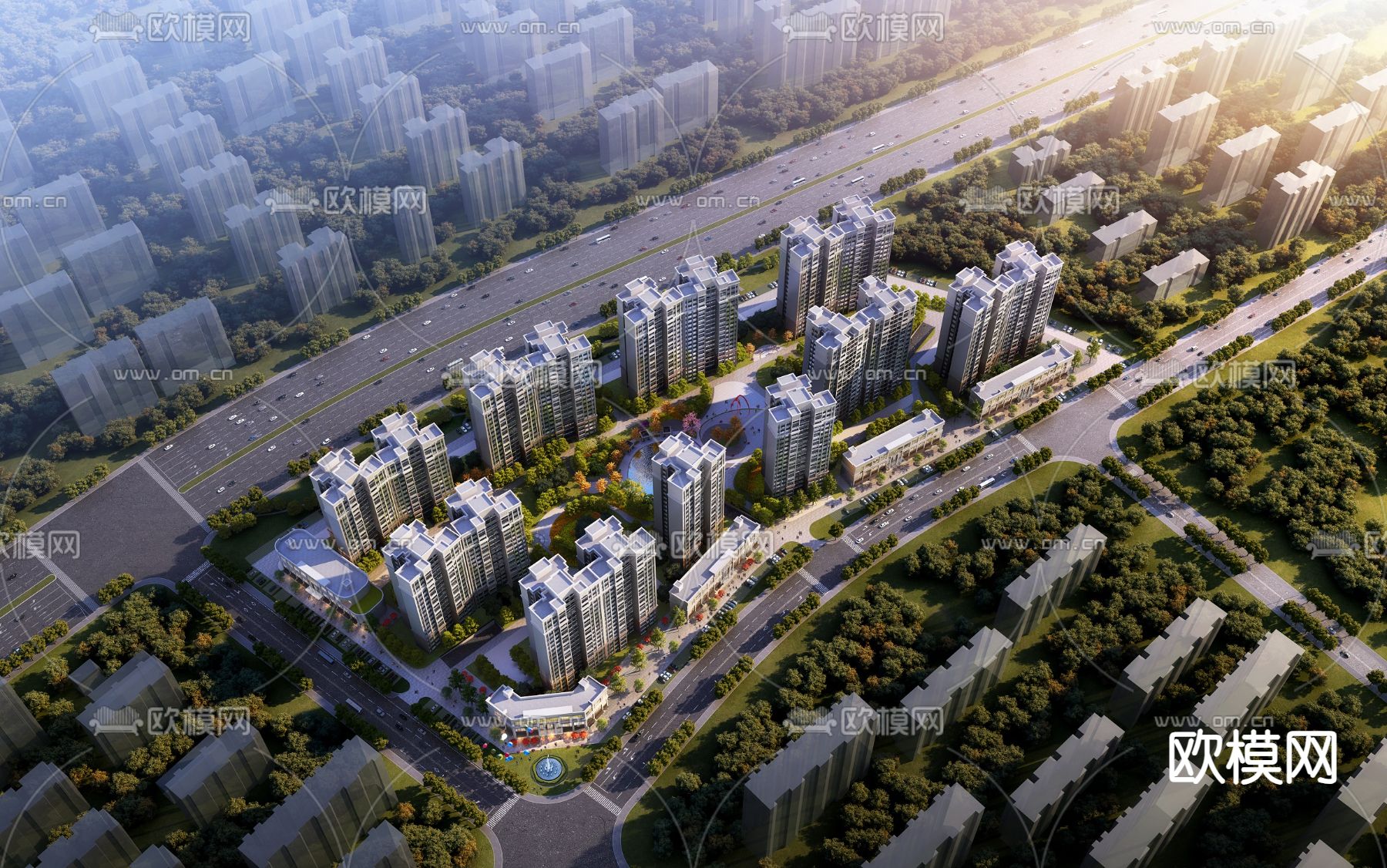 简欧住宅楼 鸟瞰3d模型下载（渲染图2）