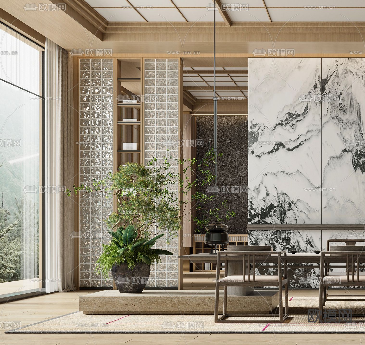 新中式茶室3d模型下载（渲染图2）