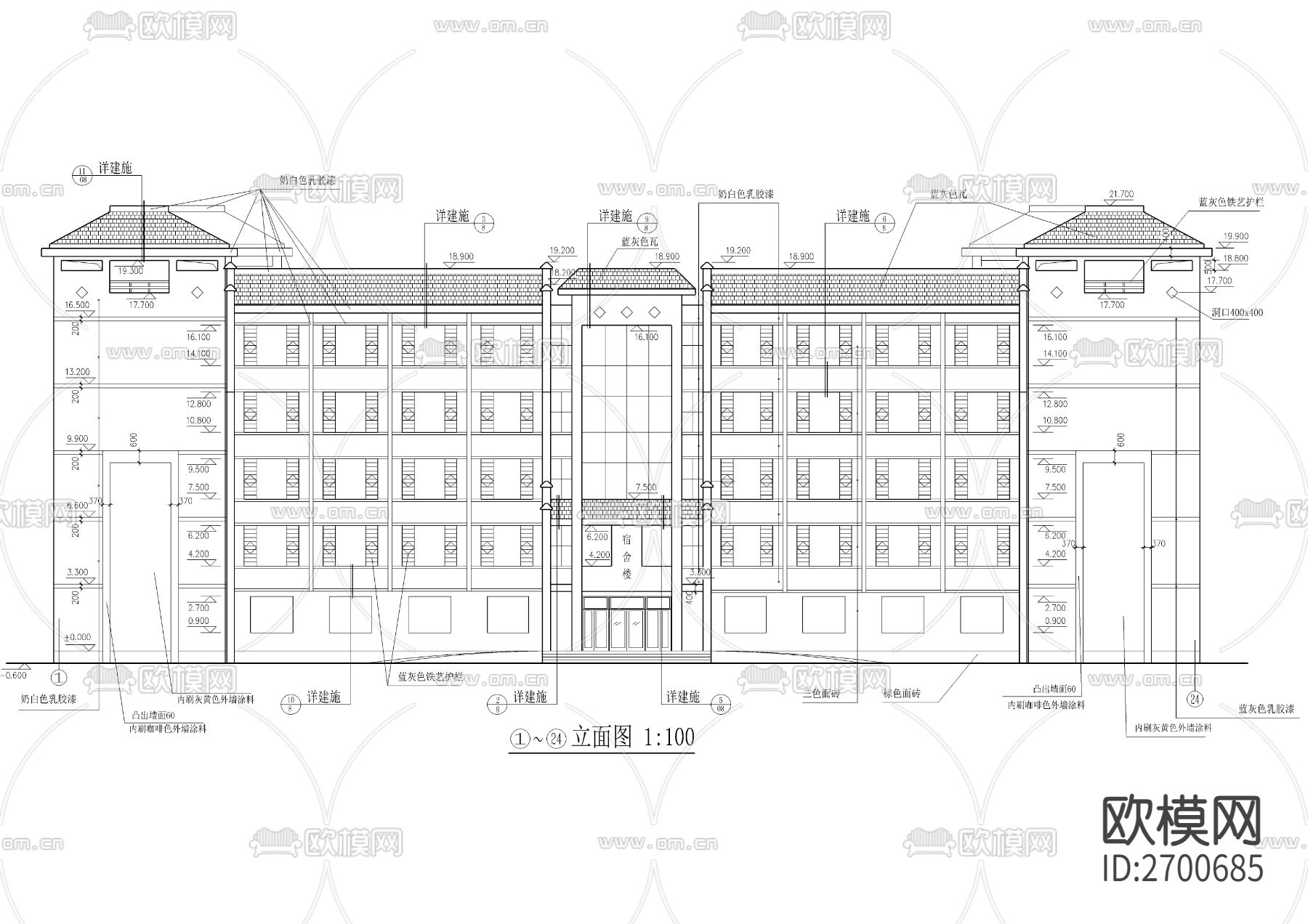学生公寓楼CAD施工图下载（渲染图1）