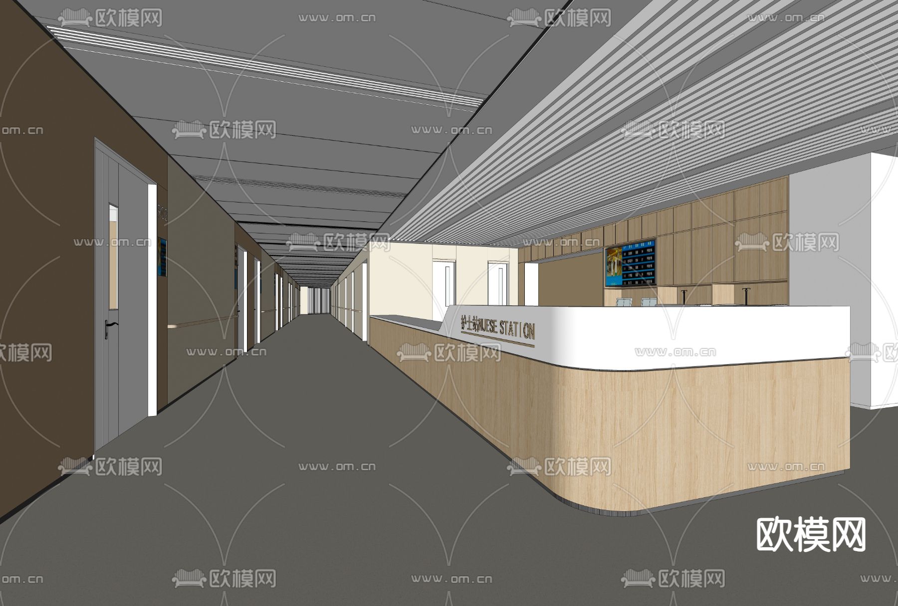 医院走廊 护士站su模型下载（渲染图2）
