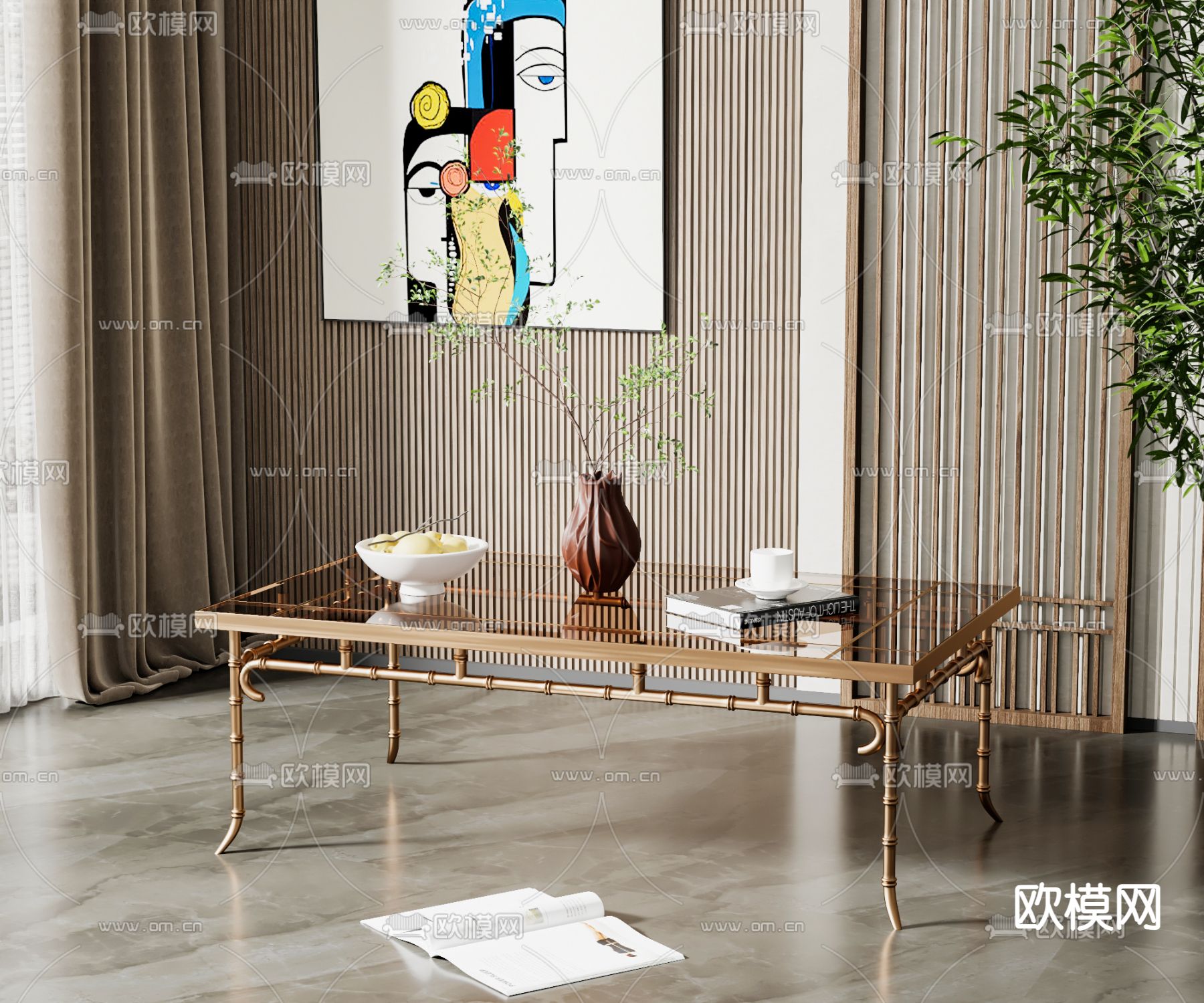 新中式茶几su模型下载（渲染图1）