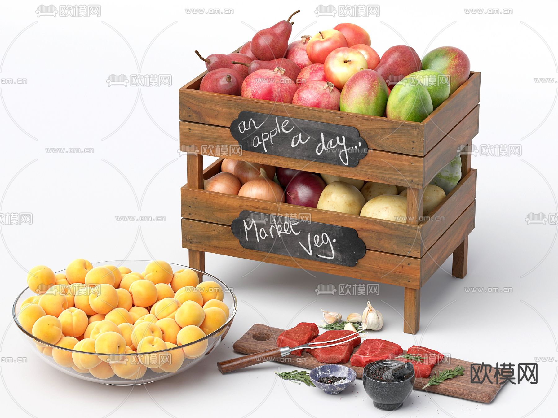 芒果 苹果 牛排 果盘3d模型下载