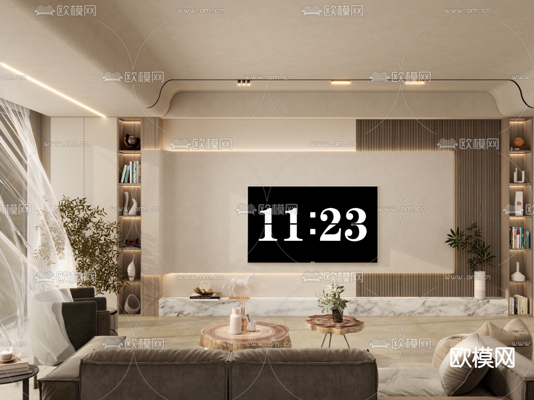 侘寂电视背景su模型下载（渲染图1）