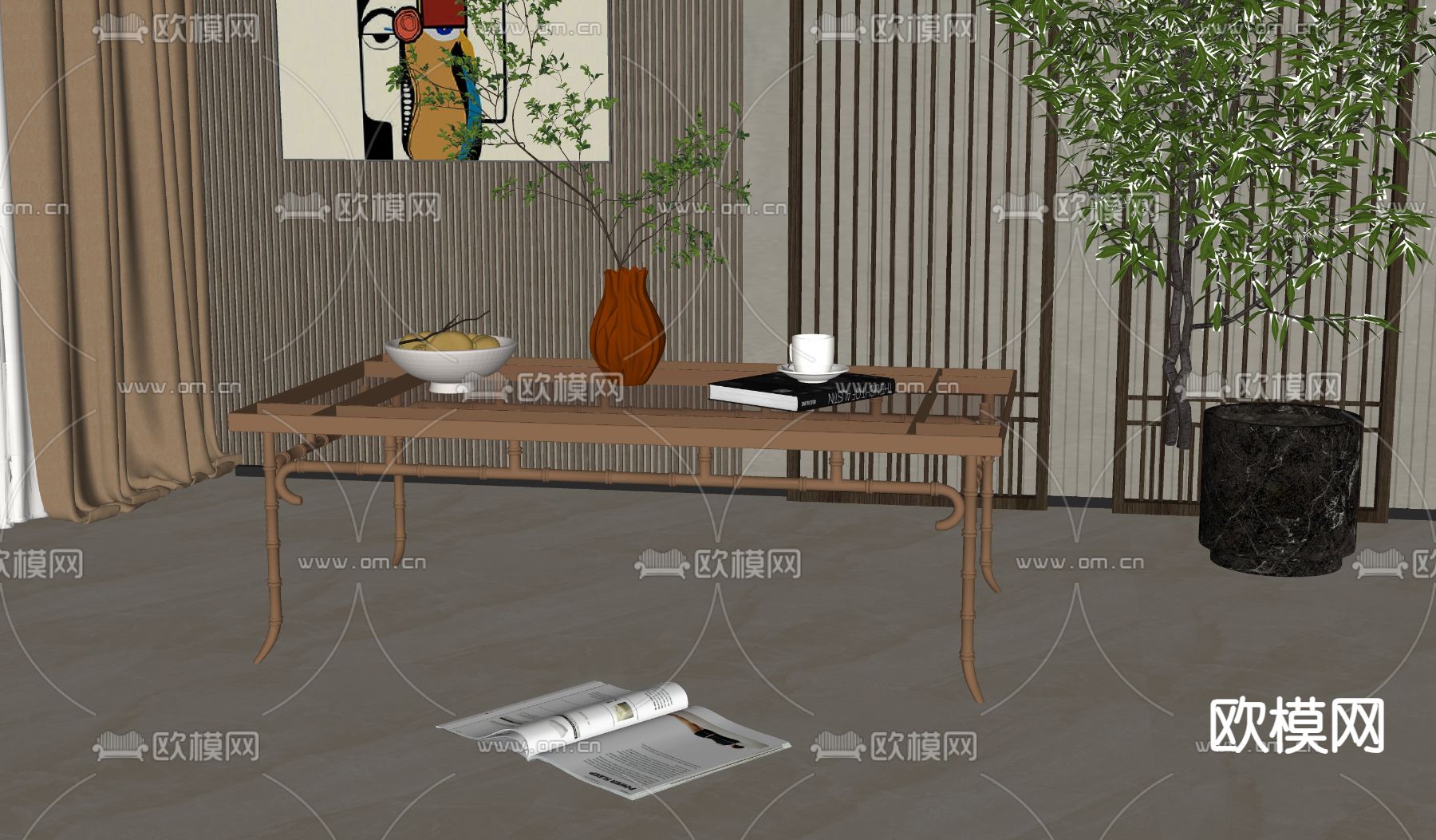 新中式茶几su模型下载（渲染图2）