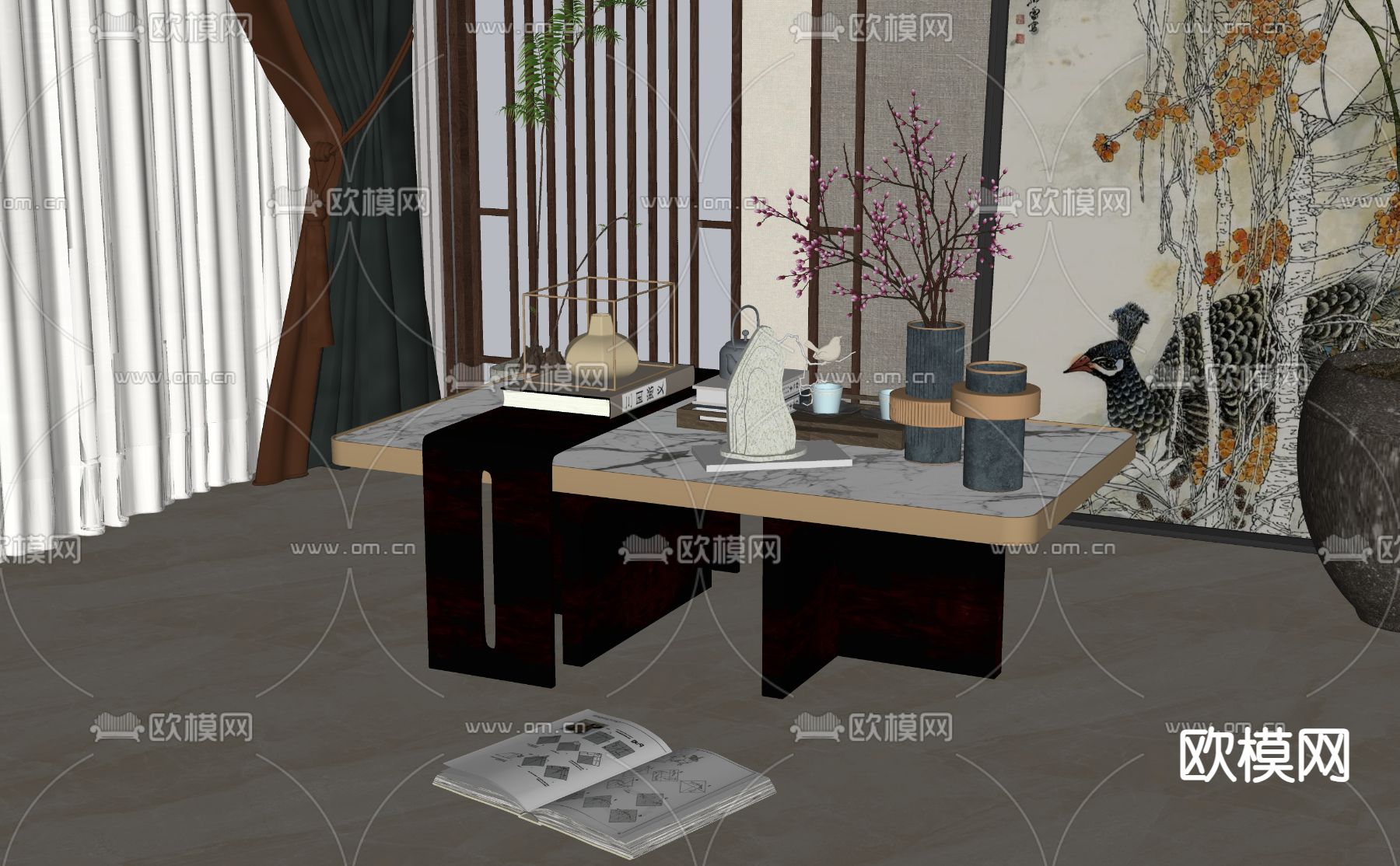 新中式茶几su模型下载（渲染图2）