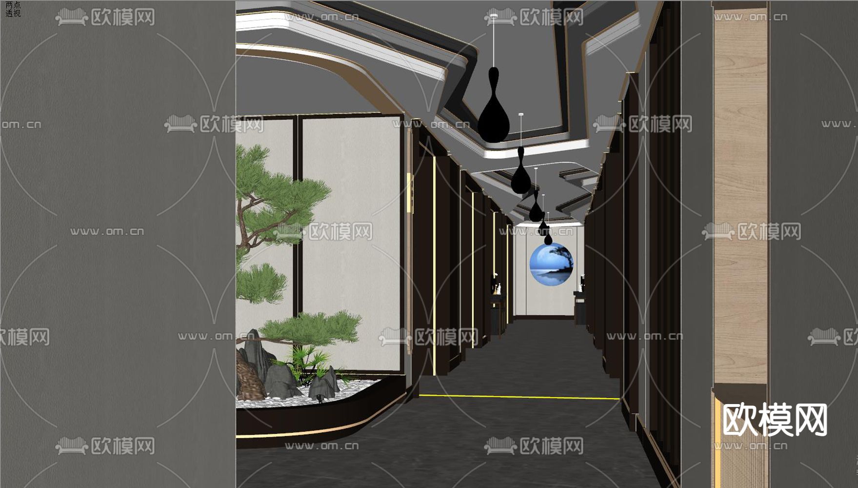 新中式酒店走道su模型下载（渲染图2）