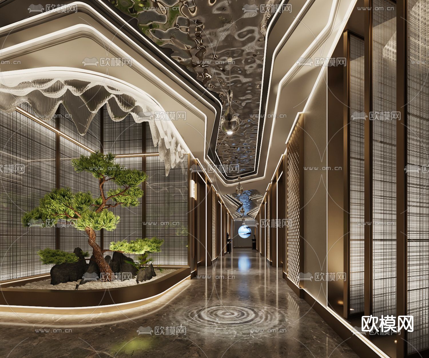 新中式酒店走道su模型下载（渲染图1）