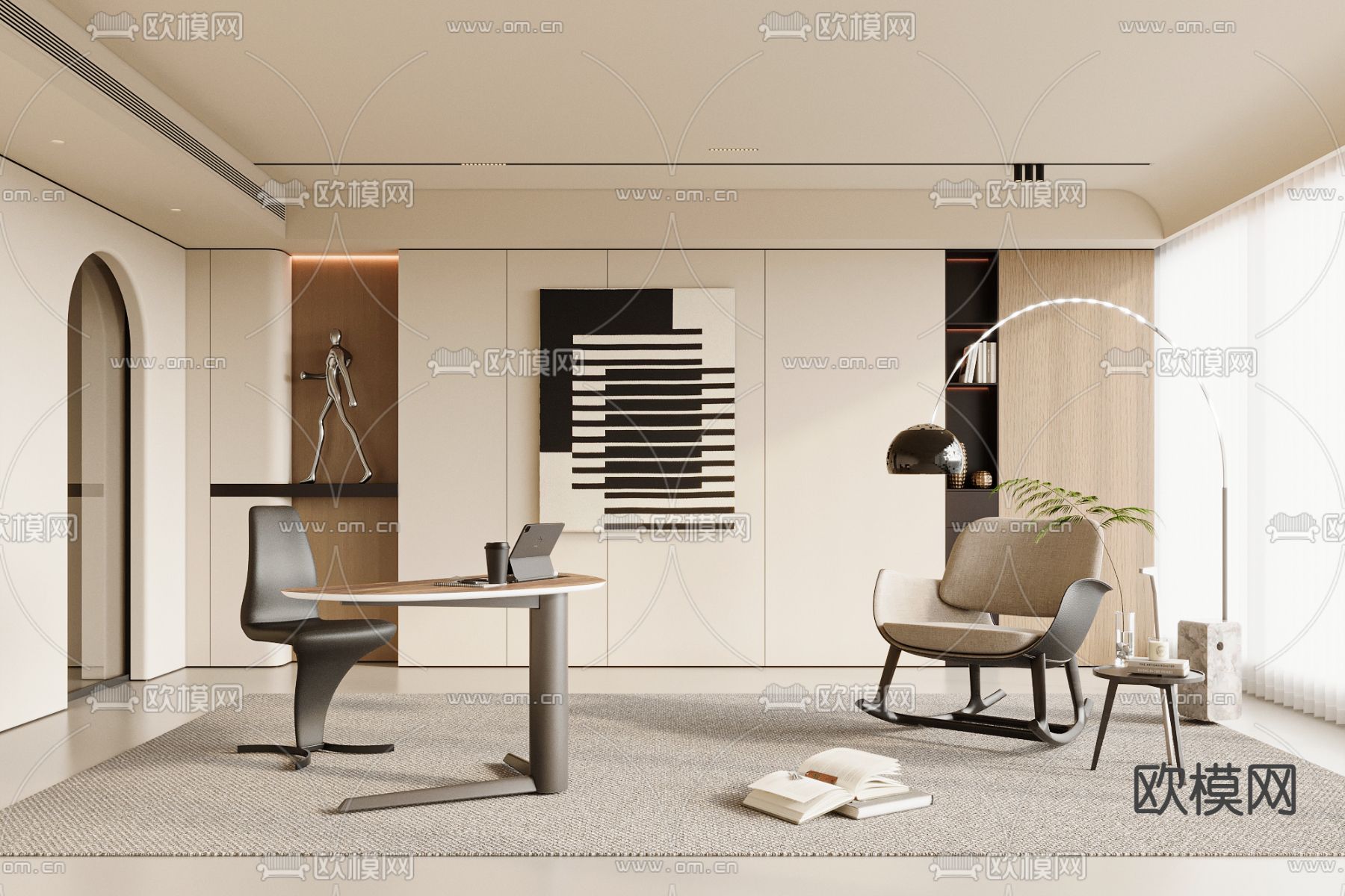 奶油风书房su模型下载（渲染图1）