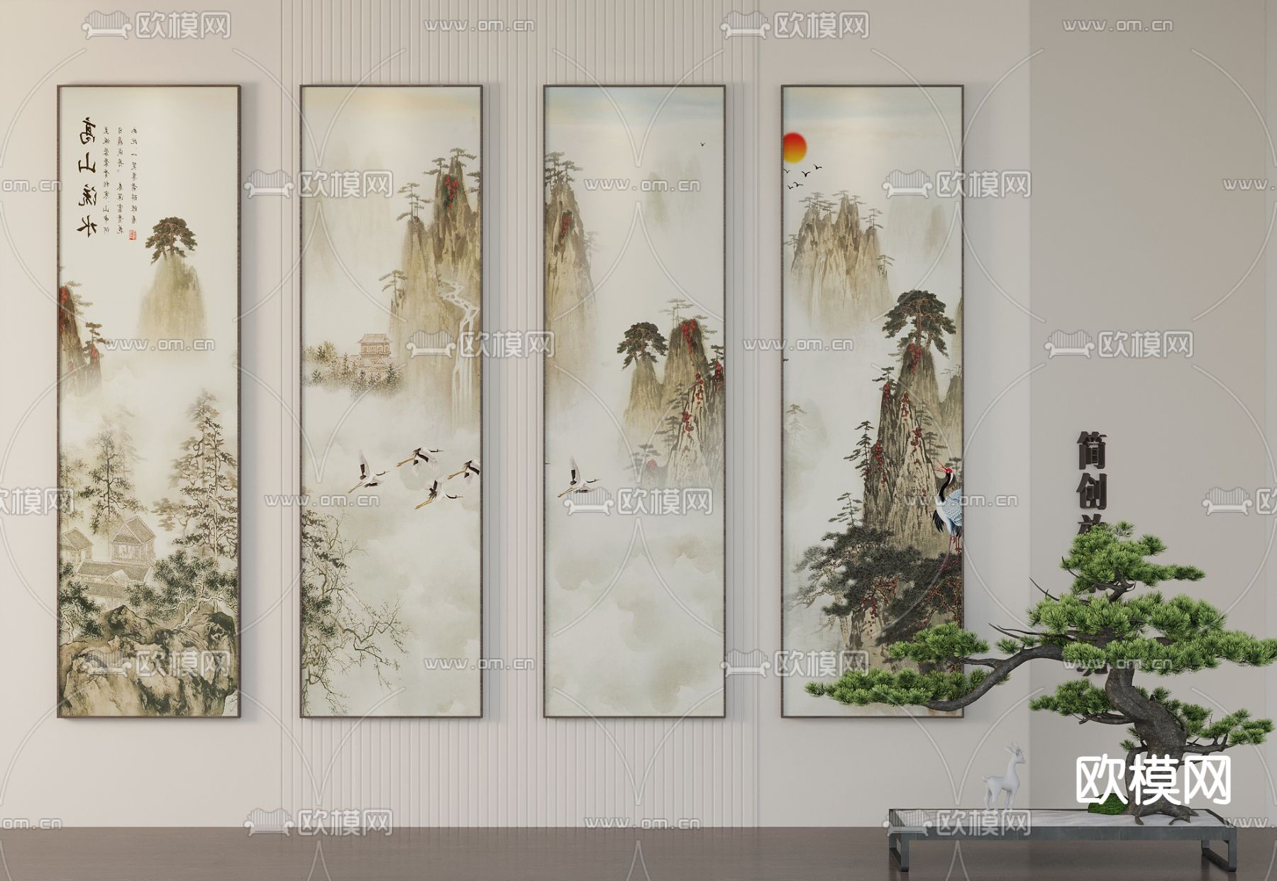 新中式国画 山水画 组合画3d模型下载