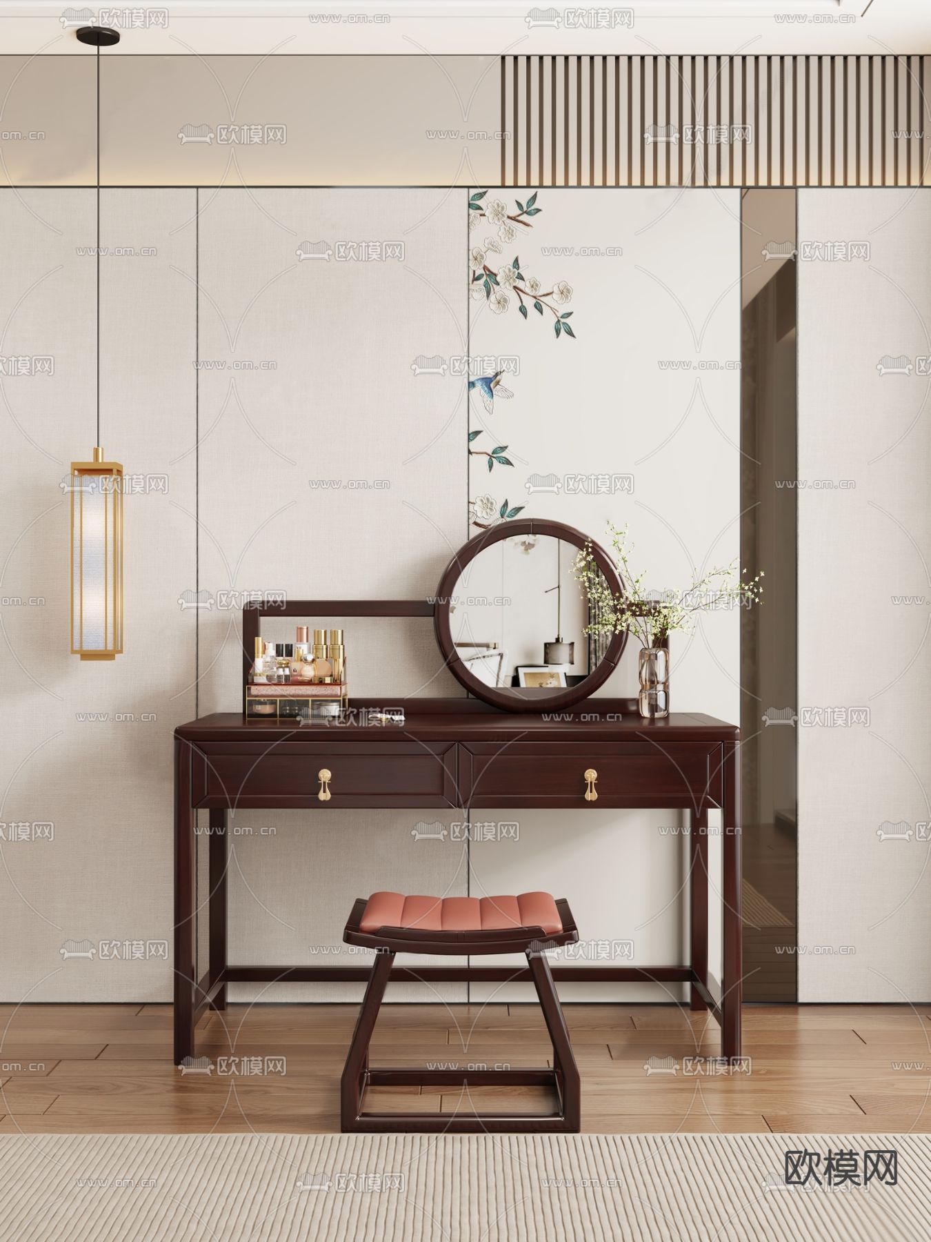 新中式梳妆台su模型下载（渲染图1）
