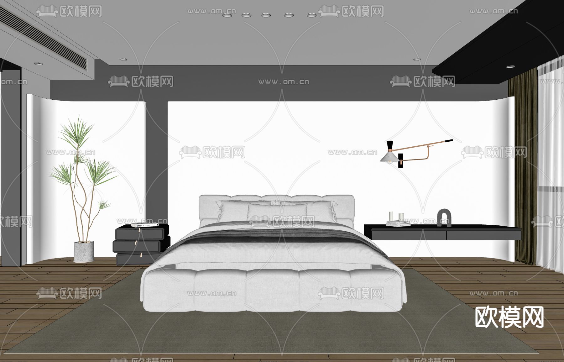 高级灰卧室 主人房su模型下载（渲染图2）