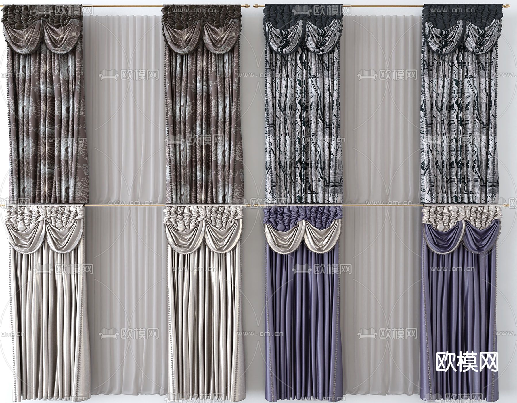 简欧窗帘 窗纱 窗帘杆3d模型下载