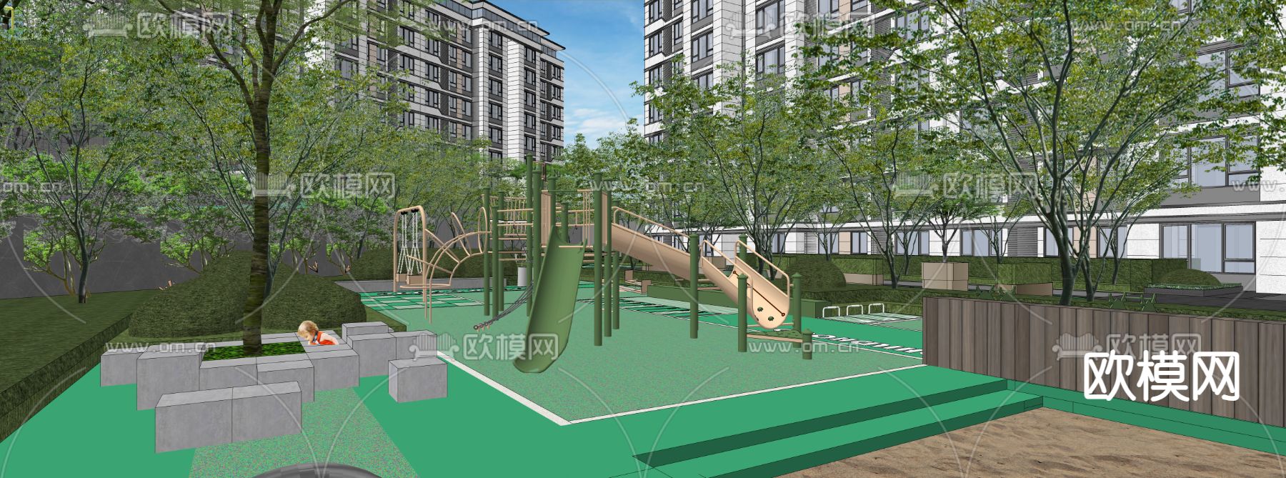 小区游乐场 儿童活动区su模型下载（渲染图3）