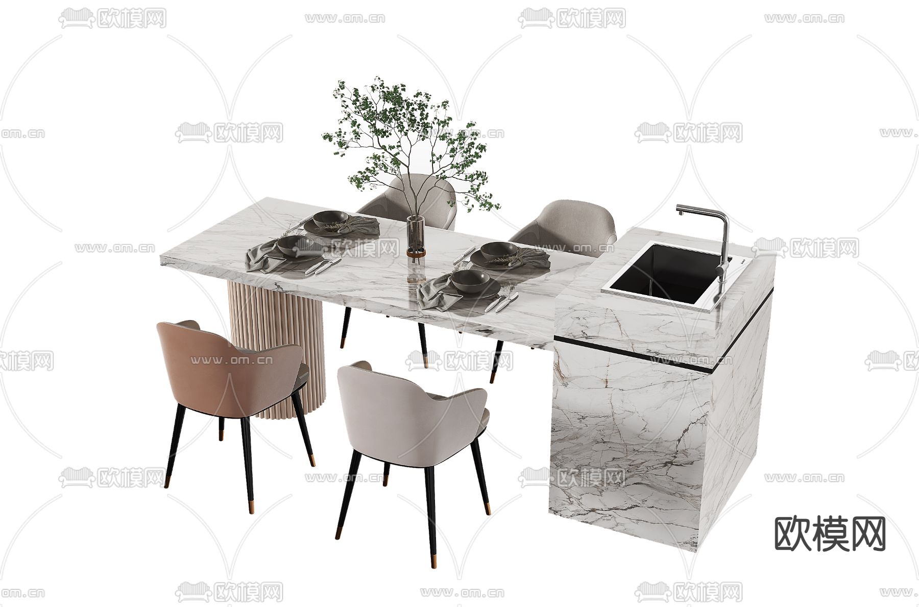 岛台餐桌椅3d模型下载