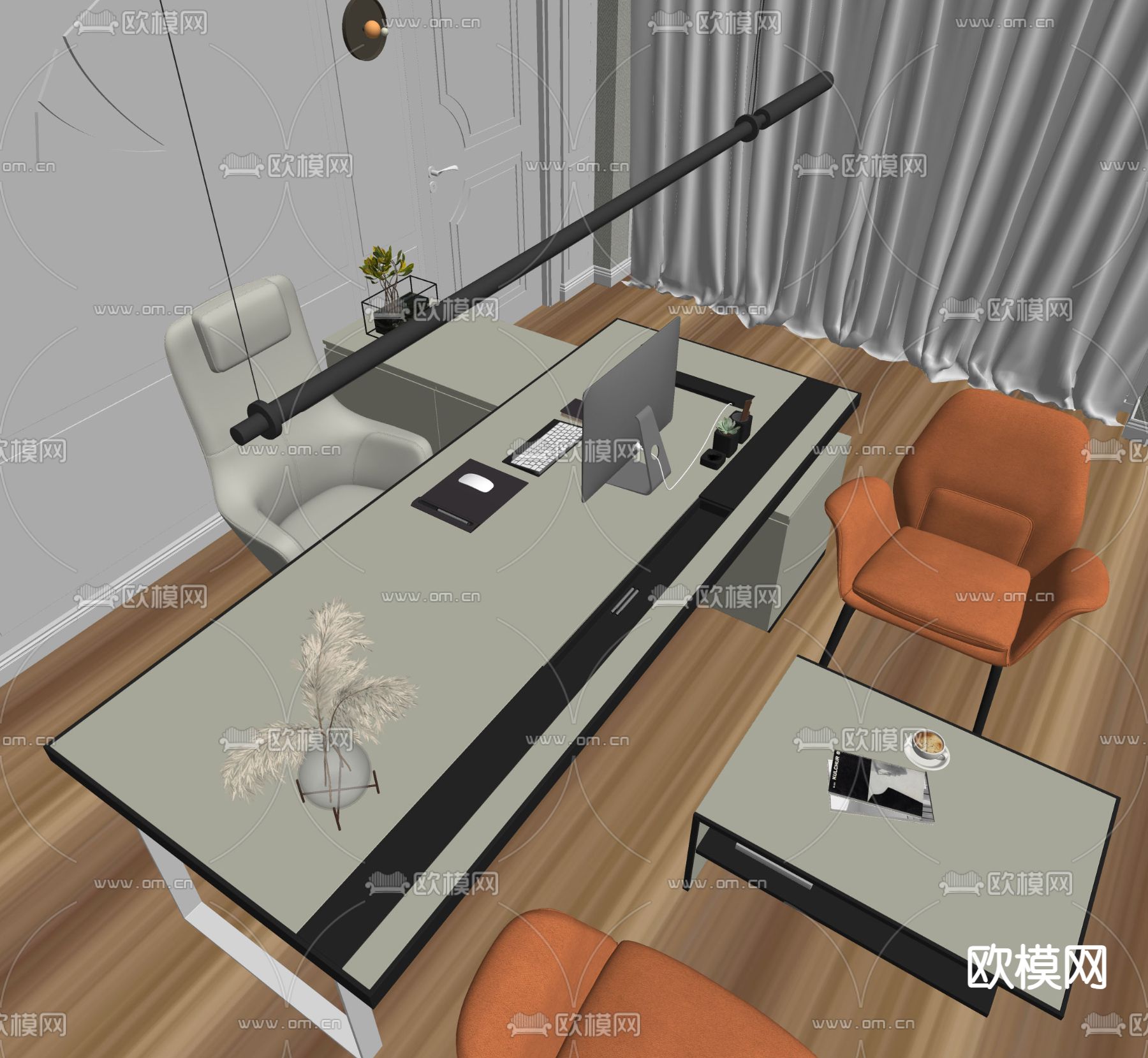 班台桌 老板桌 办公桌su模型下载（渲染图2）