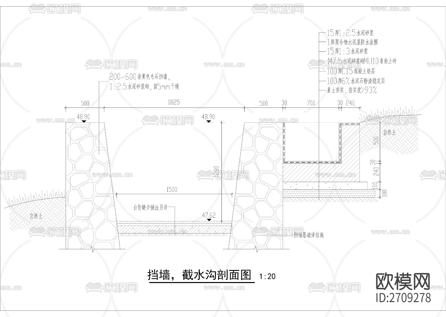 毛石挡墙截水沟节点大样下载（渲染图1）