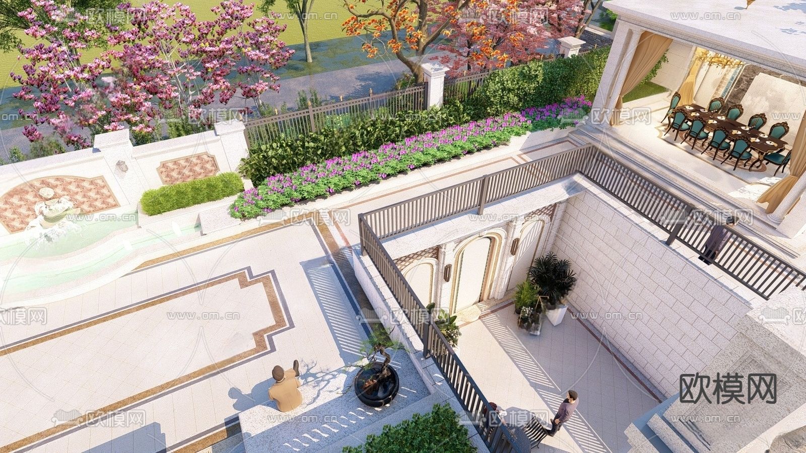 欧式别墅 庭院花园su模型下载（渲染图2）