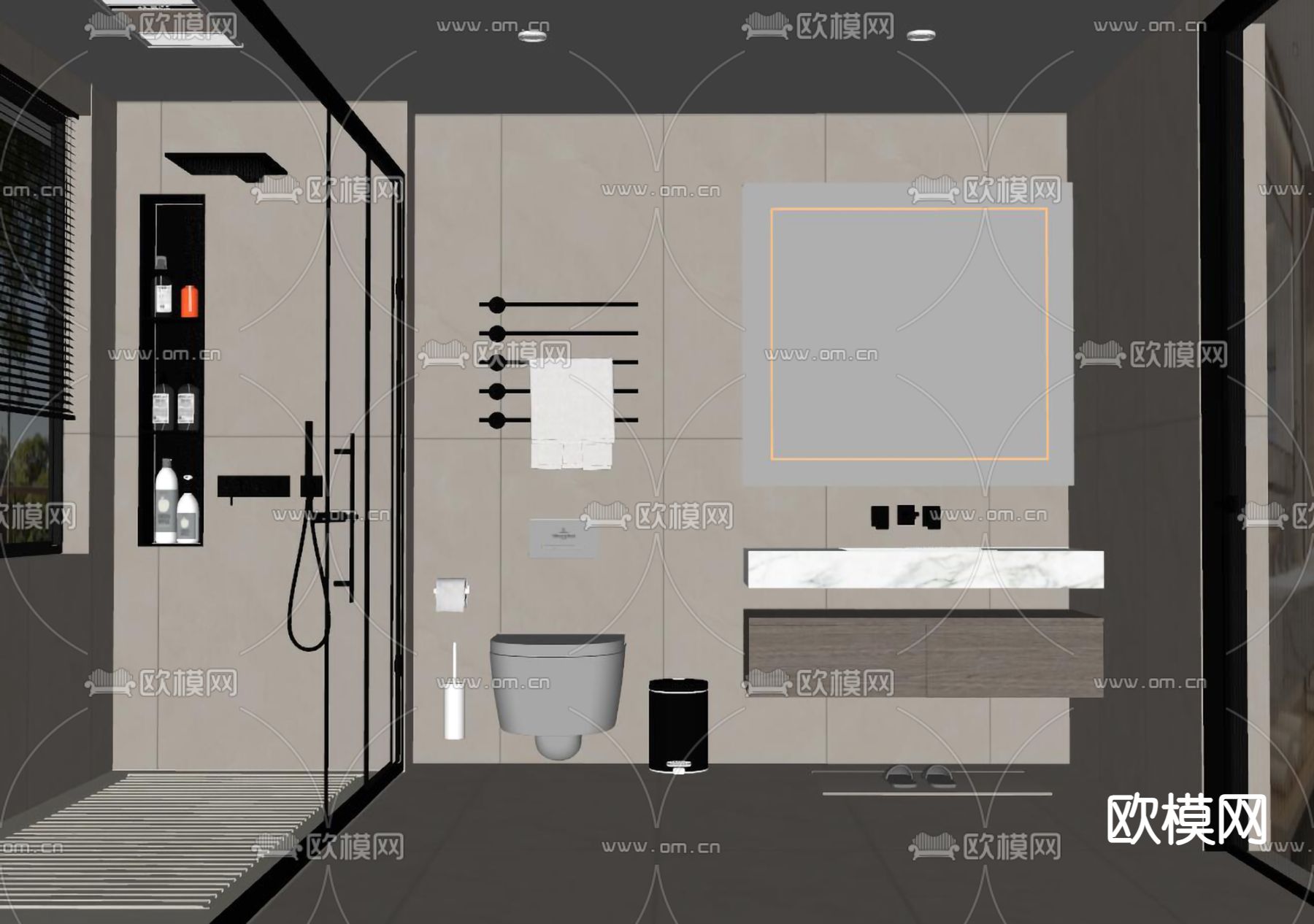 奶油卫生间 浴室 洗手间su模型下载（渲染图2）