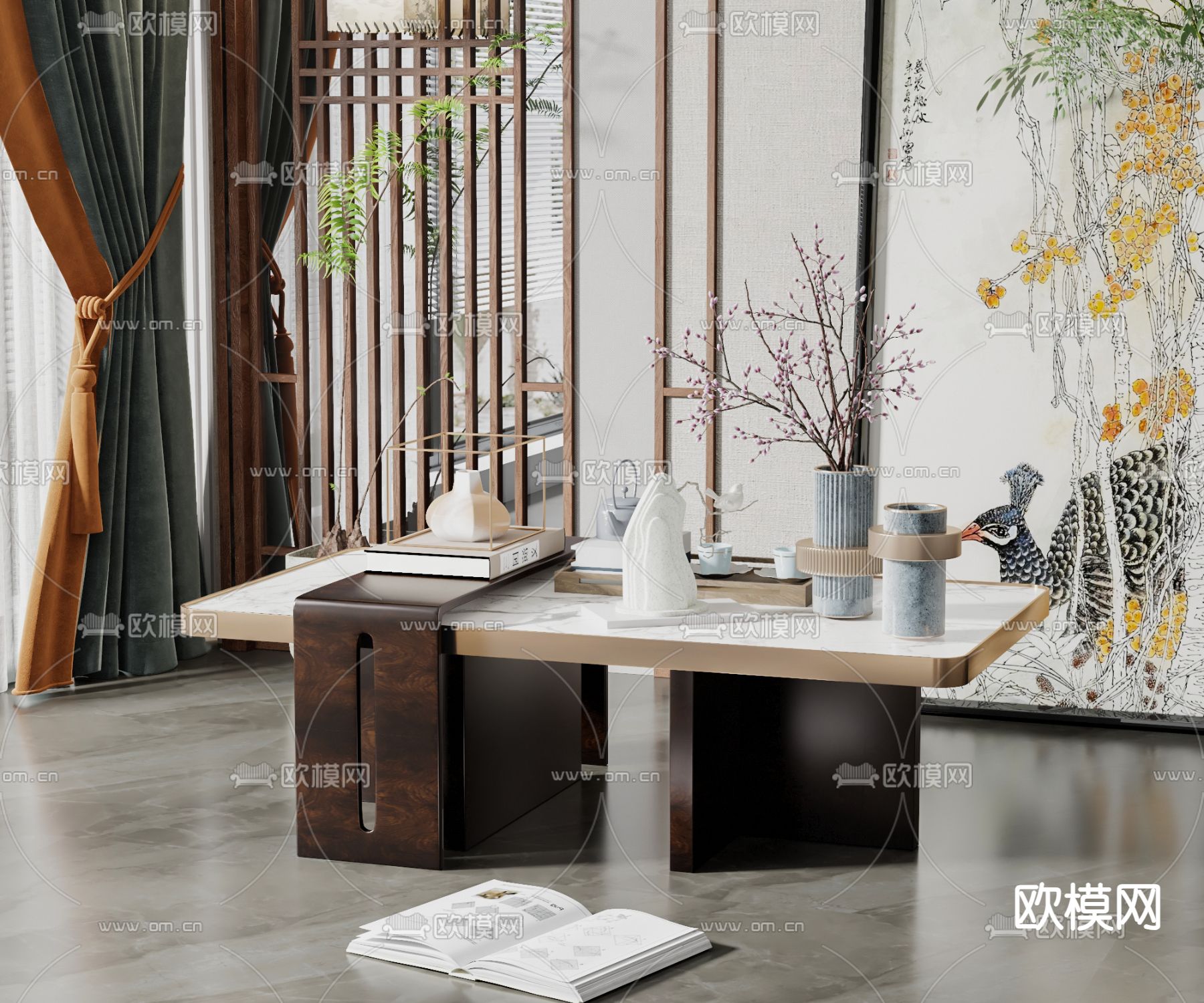 新中式茶几su模型下载（渲染图1）