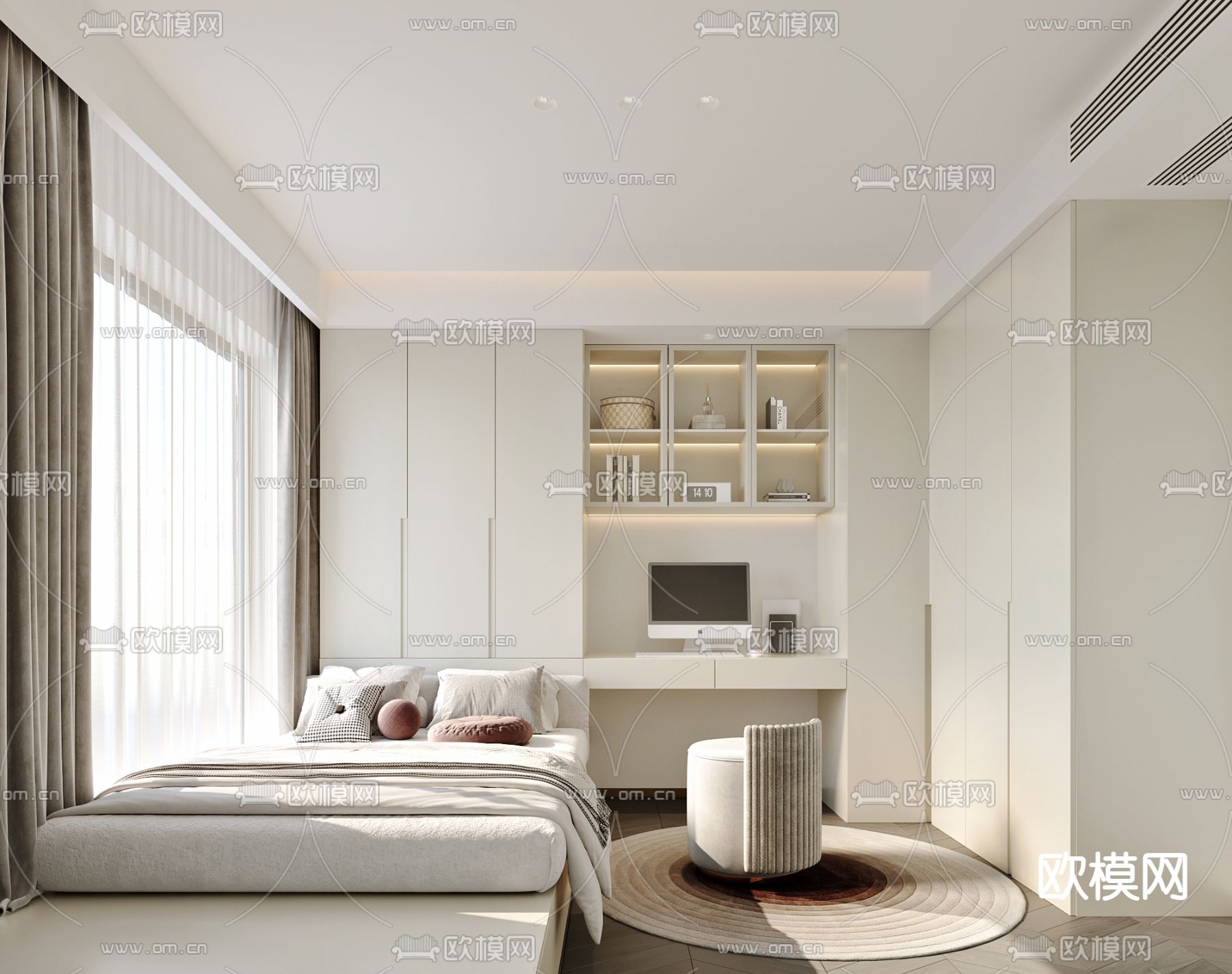 奶油风卧室 榻榻米3d模型下载