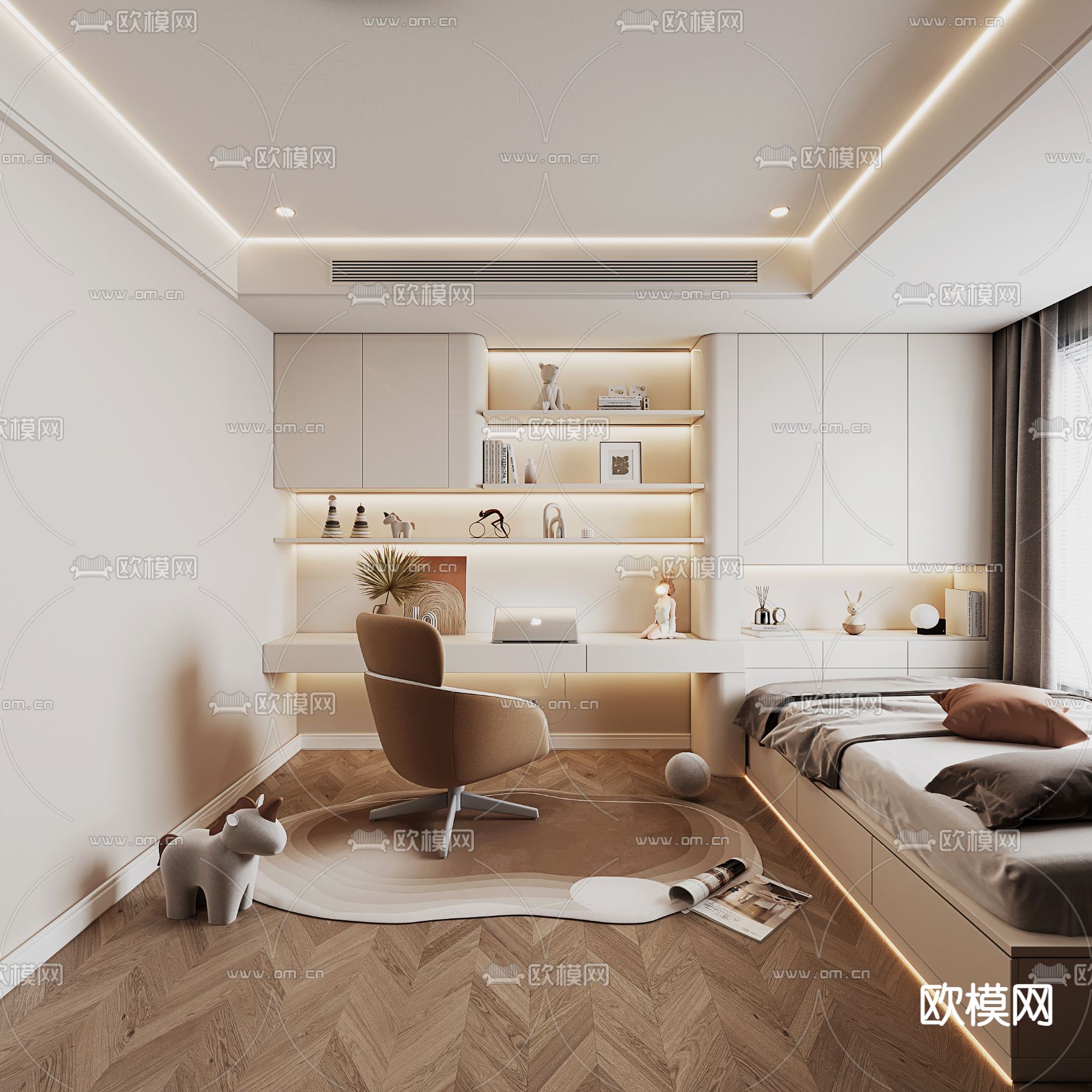 榻榻米卧室su模型下载（渲染图1）