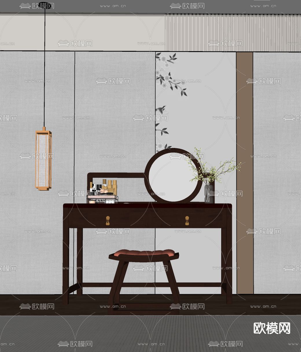 新中式梳妆台su模型下载（渲染图2）